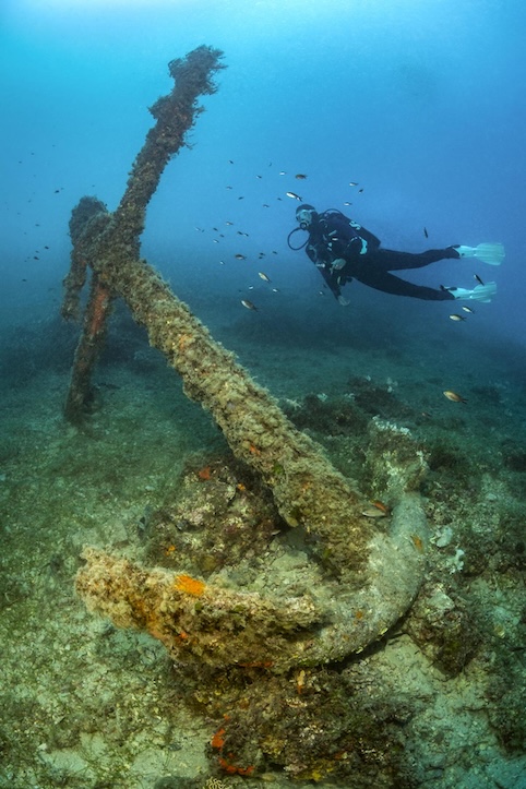 Diver holding a torch next to an anchor, dive site: Island of Scoglietto, Island of Elba, Tuscani, Italy, Mediterranean Sea. All images with the support of AQUANAUTIC ELBA (www.aquanautic-elba.de). Model releases available.